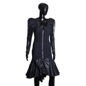 Vintage 80s Steppin' Out Black Lace Backless Prom Dress | Pouf Sleeves | Small